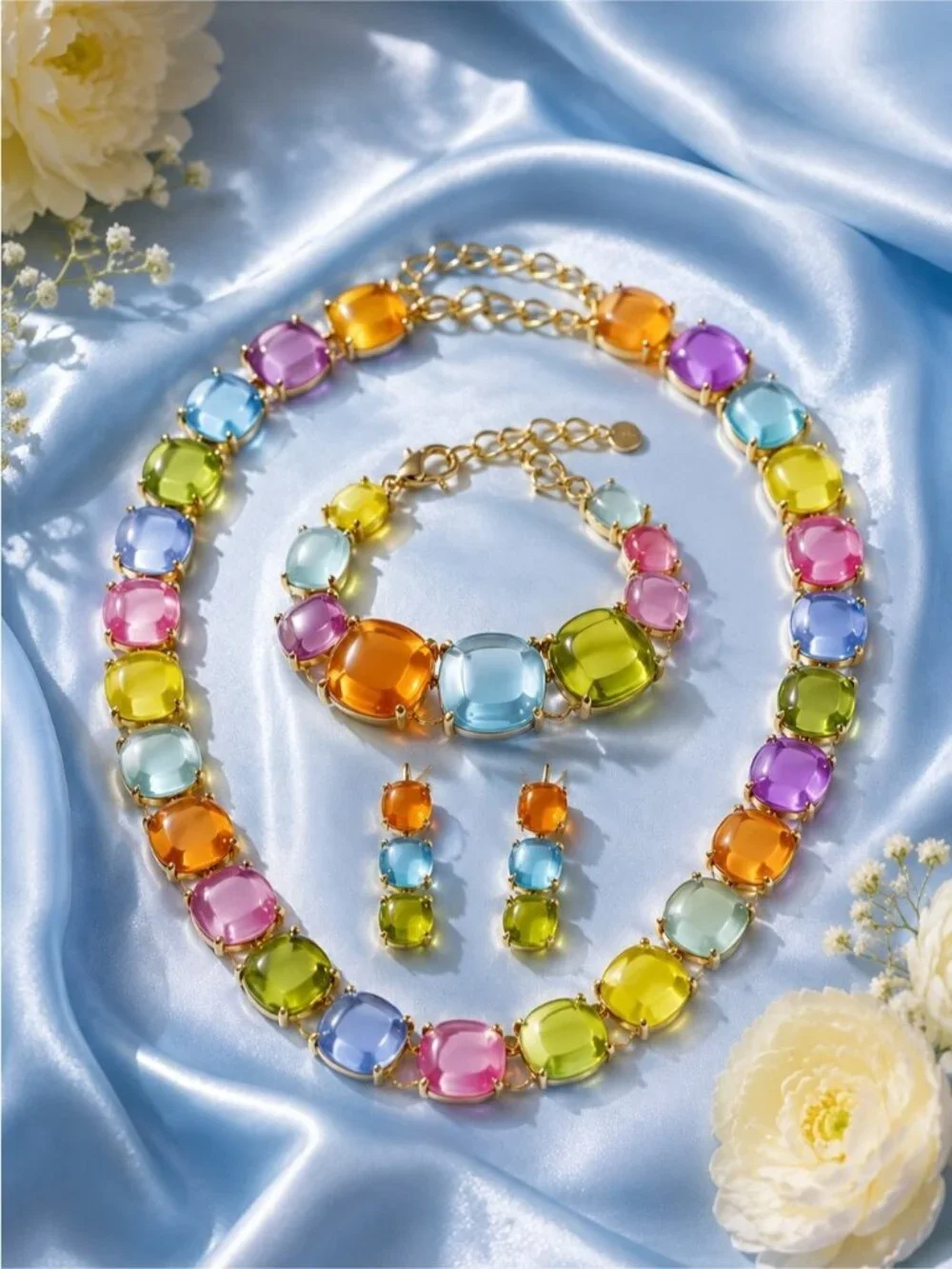 Multicolor Cabochon Necklace, bracelet & Earring Set